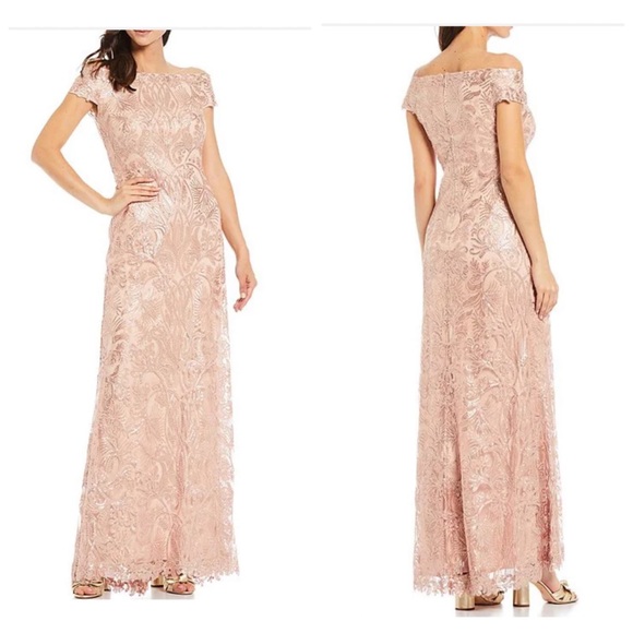 NWT Tadashi Shoji Sequin Floral Lace Off-the-Shoulder Cap Sleeve A-Line Gown - Picture 9 of 16